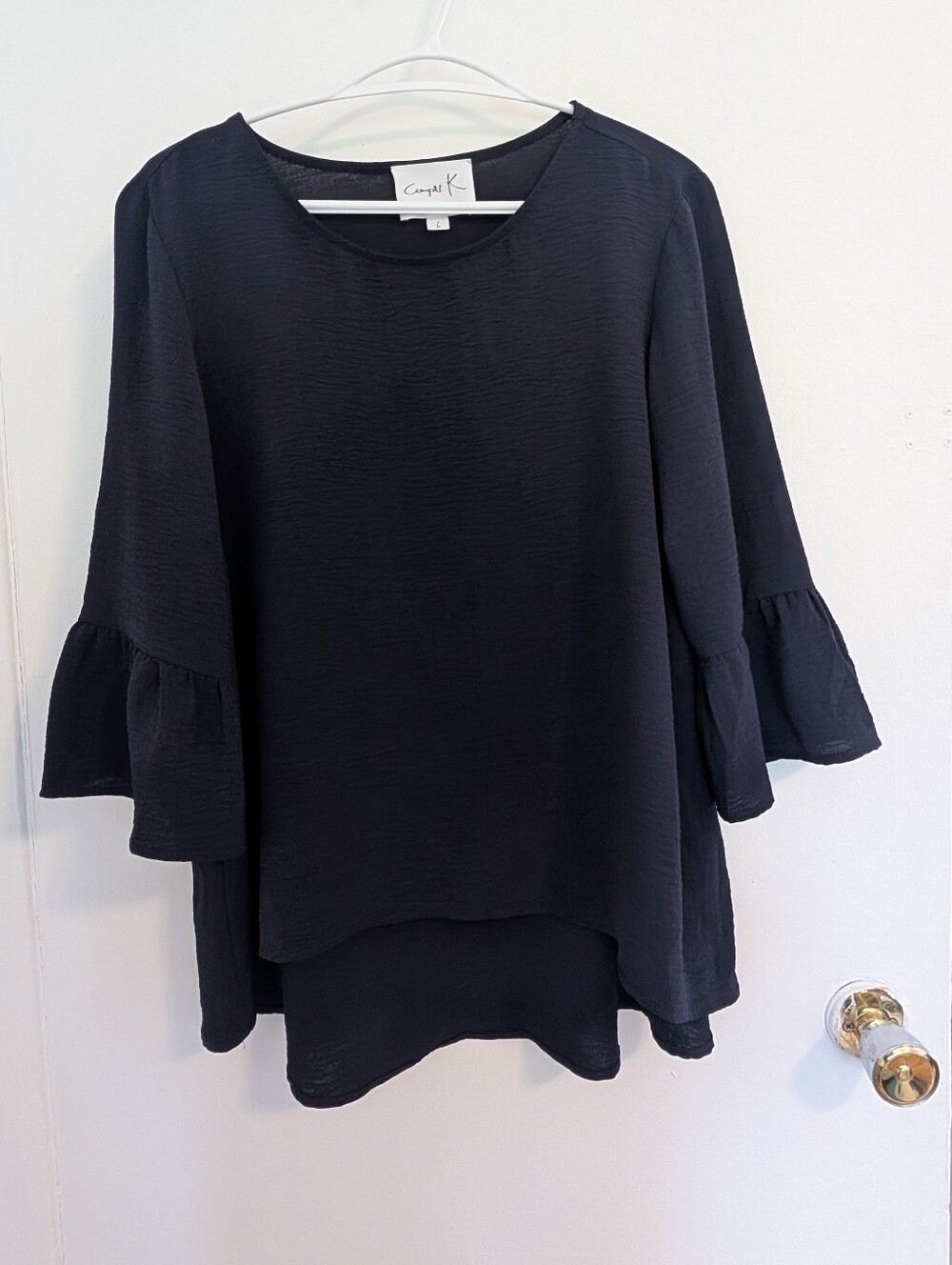 Compli K Navy Blue Ruffle Bell Sleeve High Low Blouse Dark Academia Business  L